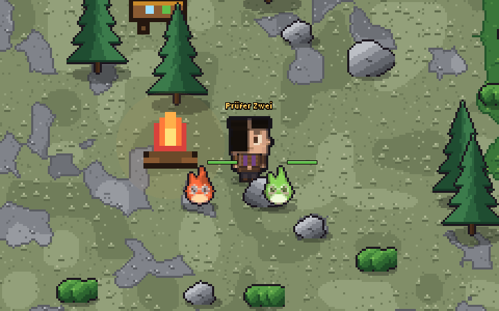 Spielszene: Hüter mit zwei Beanlings an einem Lagerfeuer in der Wildnis, daneben der Wagen des Wanderhändlers